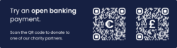 Two QR codes featuring euro and sterling symbols side by side. When scanned, these QR codes link to payments supporting Fire's charity partners in Ireland and the UK: Irish Guide Dogs for the Blind and Calcutta Connect.