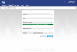 Screenshot of Fire's product showing the 'Add New Payee' screen. The form fields include Payee Display Name set to 'Beans'R'Us Ltd,' Currency set to Euro (€), Account Holder Name set to 'Bean There, Done That Limited,' IBAN entered, and partial digits of an access code. A green confirmation message states: 'The account holder name you have entered matches the name on the recipient account.' Buttons to 'Cancel' or 'Add Payee' are displayed at the bottom.