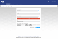 Screenshot of Fire's product showing the 'Add New Payee' screen. The Payee Display Name is entered as 'Coffee Supplier,' the Currency is Euro (€), and the Account Holder Name is 'Beans'R'Us Ltd.' A red error message below states: 'The account holder name you have entered is not the same as the name held on the recipient’s account. Please confirm the details are correct before adding the payee.' The IBAN is filled in, access code digits are partially entered, and buttons for 'Cancel' and 'Add Payee' appear at the bottom.