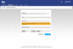 Screenshot of Fire's product showing the 'Add New Payee' screen. The Payee Display Name is entered as 'Coffee Supplier,' the Currency is Euro (€), and the Account Holder Name is 'Beens'R'Us Limited.' An orange warning message below states: 'The account holder name you have entered does not match the name held on the recipient account. It's a close match, the name is Beans'R'Us Limited. Please confirm that the details are correct before adding the payee.' The IBAN is filled in, access code digits are partially entered, and buttons for 'Cancel' and 'Add Payee' appear at the bottom.