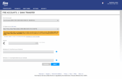 Screenshot of Fire's product showing the 'Bank Transfer from a Fire Account' screen. A Euro payment is being made to a payee with Account Holder Name 'Been There, Done That Limited' and the IBAN filled in. An orange warning message states: 'The account holder name for this payee does not match the name held on the recipient account. It's a close match, the name is Bean There, Done That Limited. Please confirm that the details are correct before initiating the payment to this payee.' Fields are provided to enter the Euro amount and a payment reference, with 'Cancel' and 'Next' buttons displayed at the bottom.