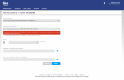 Screenshot of Fire's product showing the 'Bank Transfer from a Fire Account' screen. A Euro payment is being made to a payee with Account Holder Name 'Bean There, Done That Limited' and the IBAN filled in. A red error message states: 'The account holder name you have entered cannot be verified at this time. Please confirm the details are correct before adding the payee or try again later.' Fields are provided to enter the Euro amount and a payment reference, with 'Cancel' and 'Next' buttons displayed at the bottom.
