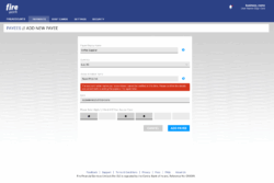 Screenshot of Fire's product showing the 'Add New Payee' screen. The Payee Display Name is entered as 'Coffee Supplier,' the Currency is Euro (€), and the Account Holder Name is 'Beans'R'Us Ltd.' A red error message below states: 'The account holder name you have entered cannot be verified at this time. Please confirm the details are correct before adding the payee or try again later.' The IBAN is filled in, access code digits are partially entered, and buttons for 'Cancel' and 'Add Payee' appear at the bottom.